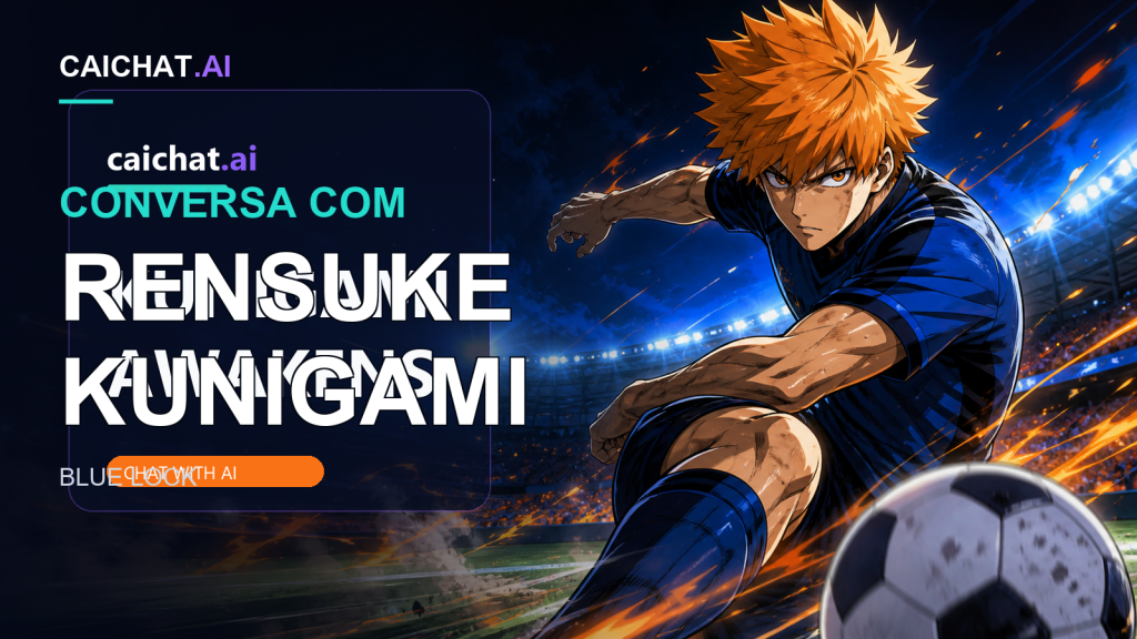 Ilustração de um homem atlético em estilo anime, com cabelo espetado loiro-alaranjado e um fato de treino azul-marinho de gola alta, de braços cruzados e com um meio sorriso confiante sobre um gradiente azul-turquesa.