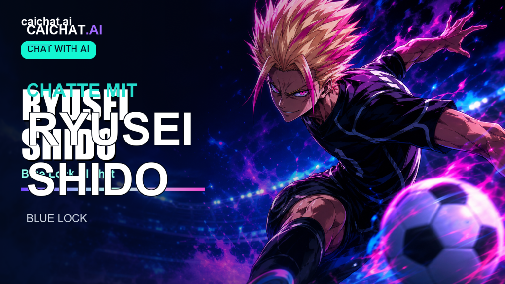 Illustration einer athletischen Anime-Figur mit stacheligem blonden Haar in einem dunkelblauen Fußballtrikot mit einer Nummer auf dem Rücken, die lässig vor neonblauen Spielfeldlinien und einem Tornetz steht.