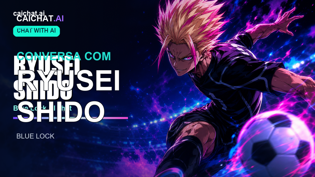 Ilustração de uma personagem atlética de estilo anime com cabelo loiro espetado, equipamento de futebol azul-escuro com um número nas costas, em pé e descontraída contra linhas de campo azul néon e uma rede de baliza.