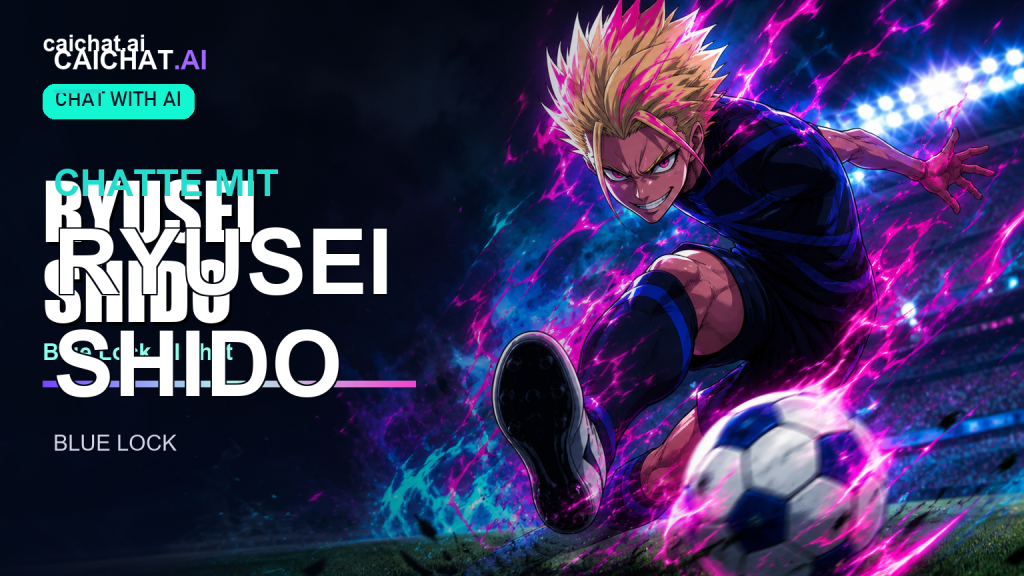 Illustration einer athletischen Anime-Figur mit stacheligem blonden Haar in einem blau-weißen Sporttrikot mit Nummer, in entspannter Dribbelpose auf einem Fußballplatz mit neonblauen Hilfslinien und einem Tor hinter ihr.