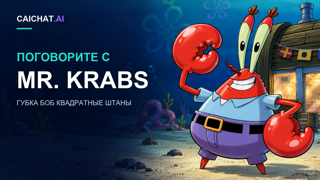 Стилизованный красный мультяшный краб с высокими стебельками глаз и большими клешнями в тёмно-синих штанах с поясом стоит на песчаном морском дне рядом с деревянным якорем; сквозь синюю толщу воды проходят лучи света.
