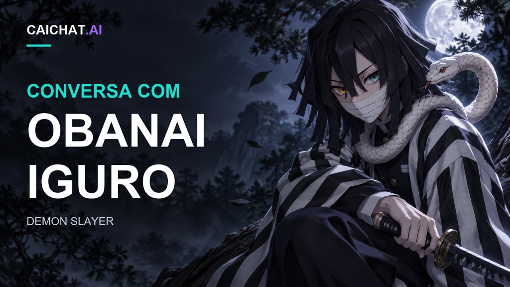 Ilustração de um homem de cabelo preto atravessado por uma mecha mais clara, uniforme escuro às riscas, a segurar uma espada embainhada, com uma cobra branca enrolada nos ombros e no braço, sobre um fundo escuro com padrão azul-petróleo.