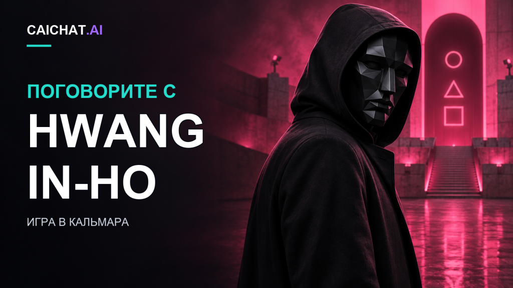 Иллюстрация: фигура в тёмном плаще с капюшоном, вид со спины, обернулась через плечо; на ней чёрная угловатая геометрическая маска; тёмный промышленный коридор, освещённый розовым и красным неоном, над отражающим дверным проёмом — символы круга, треугольника и квадрата.