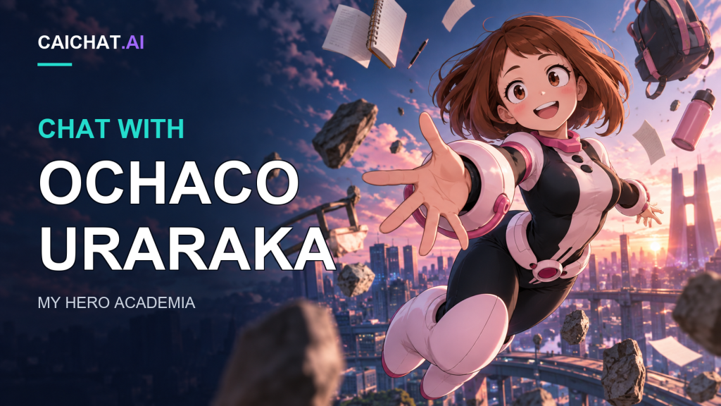 Illustration of a smiling character with short brown hair floating midair in a black, white and pink hero-style costume with round wrist cuffs and tall pink boots, reaching toward the viewer amid floating rocks.