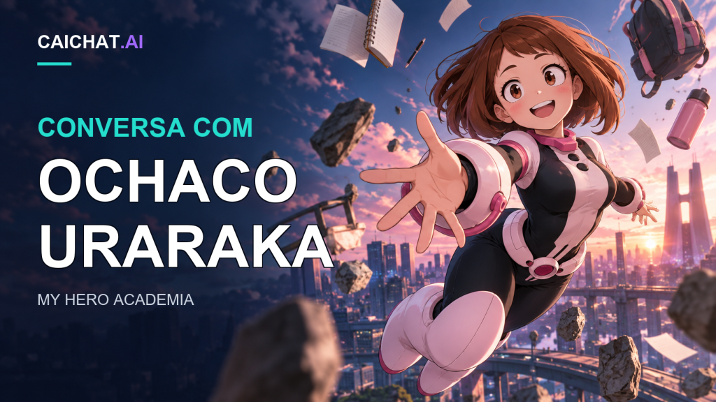 Ilustração de uma personagem sorridente de cabelo castanho curto a flutuar no ar, envergando um fato heroico preto, branco e rosa, com punhos redondos e botas altas cor-de-rosa, a estender a mão na direção de quem vê, entre rochas flutuantes.