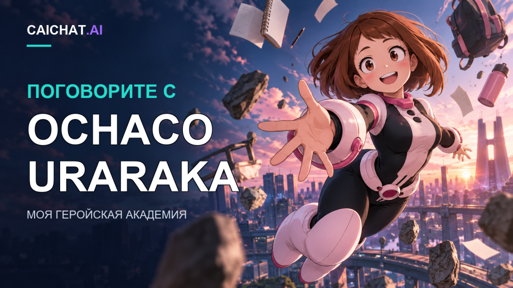 Иллюстрация улыбающегося персонажа с короткими каштановыми волосами, парящего в воздухе в чёрно-бело-розовом костюме в геройском стиле с круглыми наручными манжетами и высокими розовыми ботинками; персонаж тянется к зрителю среди парящих камней.