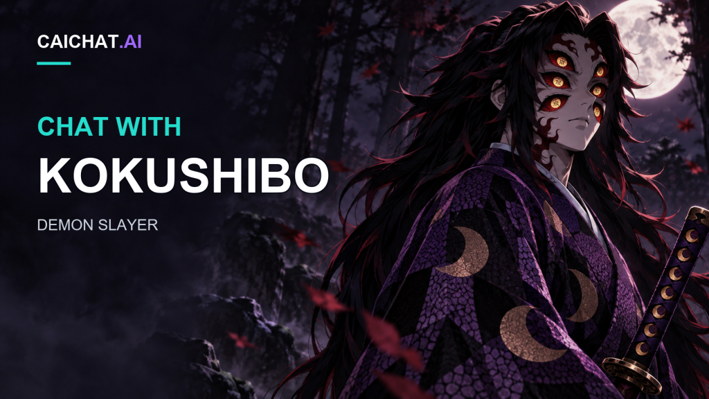Illustration of a long red-haired figure with multiple golden eyes, in a dark purple crescent-moon kimono, holding a katana in a misty night forest with red maple leaves under a full moon.