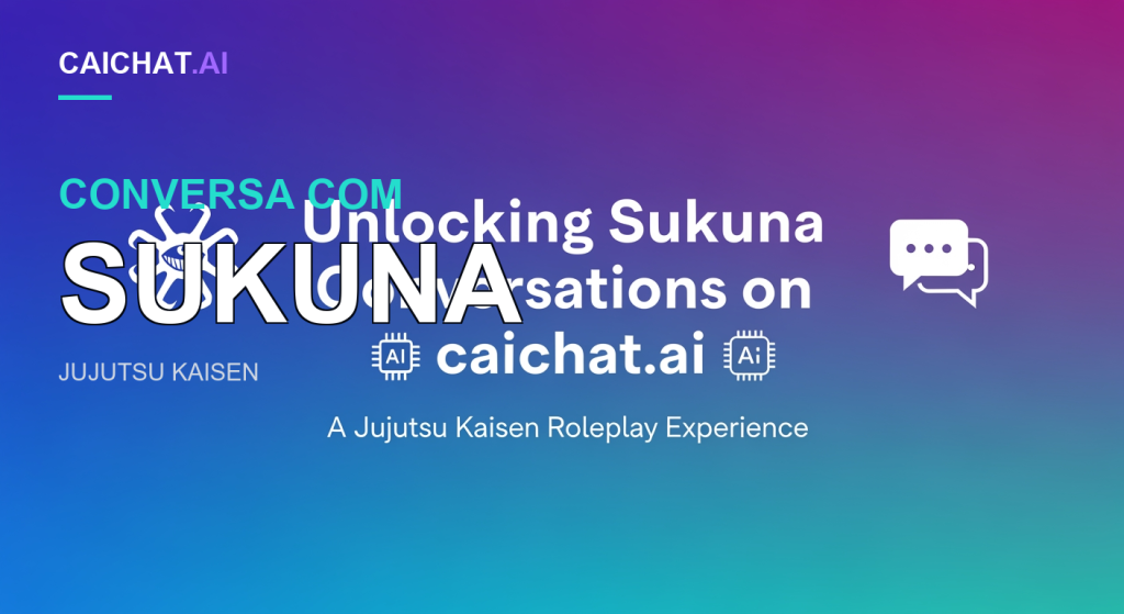Faixa com gradiente azul-magenta-verde-azulado, texto branco ao centro sobre conversas com Sukuna na caichat.ai e uma experiência de roleplay de Jujutsu Kaisen; pequenos ícones de chip de IA, emblema de lâminas em torno de um olho à esquerda e balão duplo de fala à direita.
