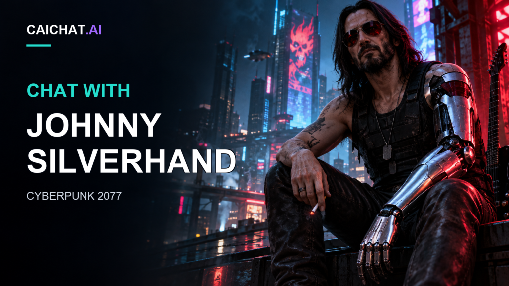 Illustration of a man with long dark hair, a beard and red-tinted sunglasses in a black tank top and dog tags, with a metallic cybernetic left arm and a cigarette in his hand, crouched on a ledge above a neon-lit futuristic night cityscape.