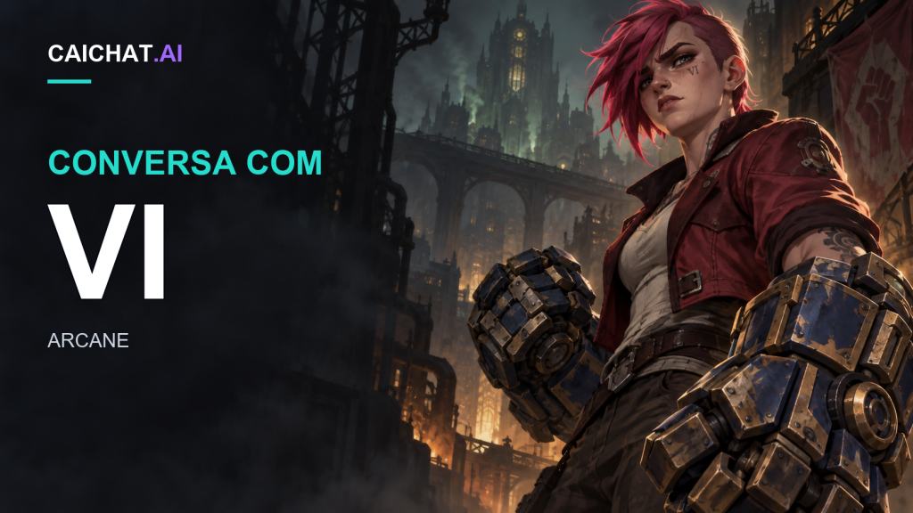 Ilustração de uma personagem com cabelo magenta curto, tatuagens faciais e um piercing no nariz, usando um casaco carmesim aberto e grandes manoplas mecânicas azuis e douradas em ambos os antebraços, contra uma paisagem urbana industrial sombria com chaminés.