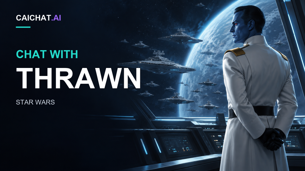 Illustration of a blue-skinned man with dark slicked-back hair and red eyes in a white military uniform with gold shoulder boards, black belt and gloves, hands clasped behind his back on a starship bridge overlooking a planet in space.