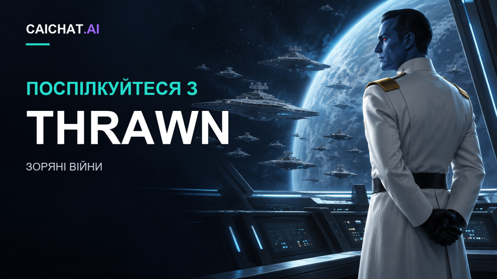 Ілюстрація синьошкірого чоловіка з темним зачесаним назад волоссям і червоними очима у білій військовій формі із золотими погонами, чорним поясом і рукавичками, руки зчеплені за спиною на містку зорельота, що оглядає планету в космосі.