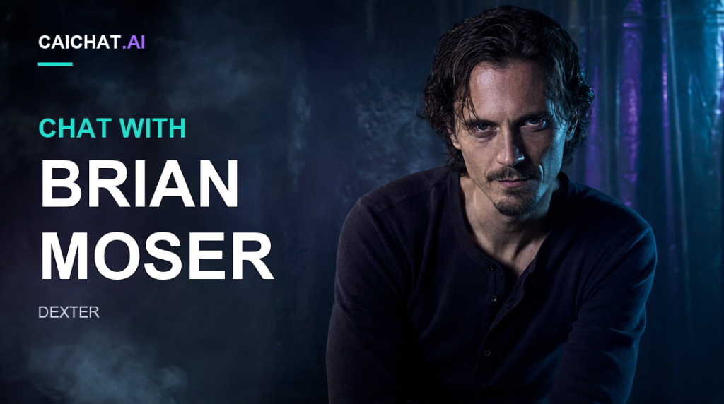 Illustration of a man with wavy dark hair and a goatee in a dark long-sleeve shirt, leaning slightly forward against a moody blue-purple background with misty haze, lit by dramatic cool-toned light.