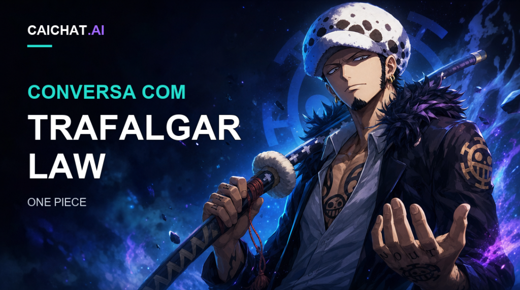 Ilustração de um homem de cabelo escuro curto e um pequeno cavanhaque, com um chapéu branco de pintas escuras e um casaco escuro aberto de gola forrada a pelo, tatuagens no peito e nos dedos, a segurar uma espada embainhada contra um fundo cósmico azul-arroxeado escuro.