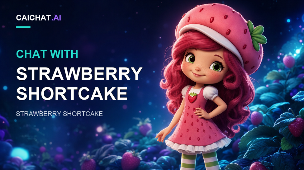 Illustration of a character with long curly pink hair and freckles wearing a strawberry-shaped pink hat, a pink dress with strawberry details and striped leggings, standing with one hand on her hip against a soft pastel background.