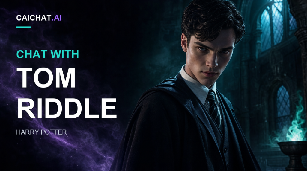 Illustration of a pale young man with dark wavy hair in a dark school robe over a shirt, sweater vest and striped tie, looking over his shoulder in a gothic interior with tall arched windows and blue-purple tones.
