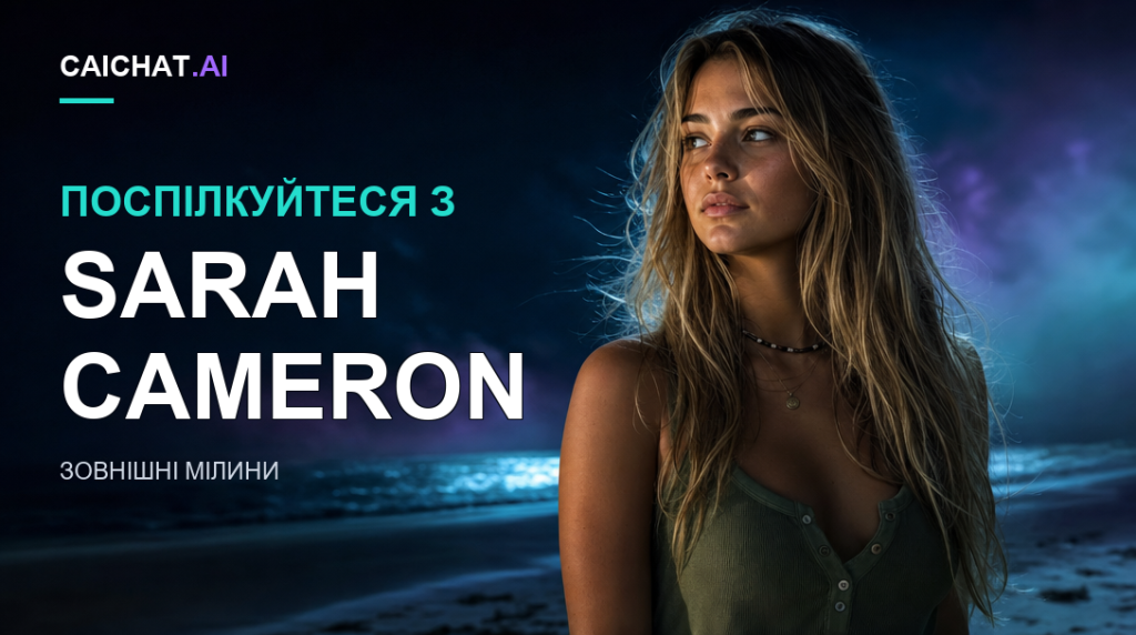 Ілюстрований портрет білявої жінки, що виглядає молодо, у темно-зеленому вбранні без рукавів біля води вночі, із синьо-фіолетовим світлом.