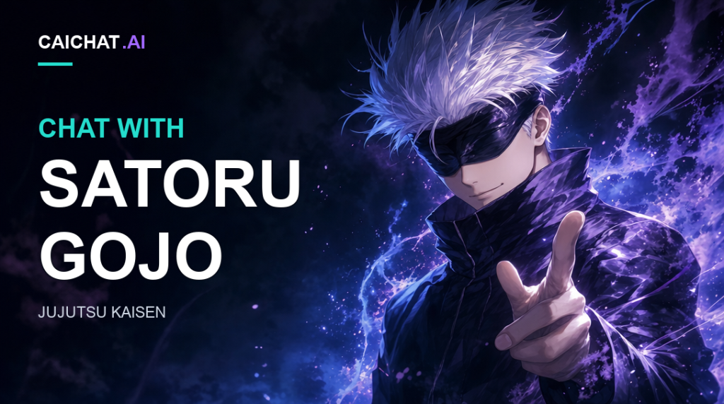 Anime illustration of a white-haired character in a dark blindfold and high-collared dark outfit, one hand raised against purple energy.