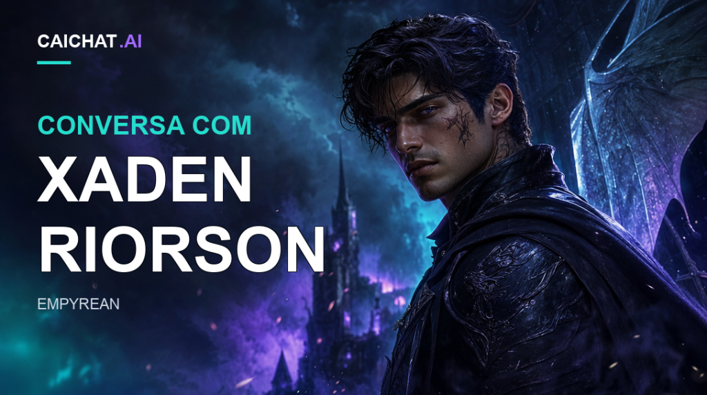 Ilustração de um homem de cabelo escuro em armadura escura a olhar por cima do ombro junto a uma espada, com luz azul-púrpura e arquitetura de castelo.