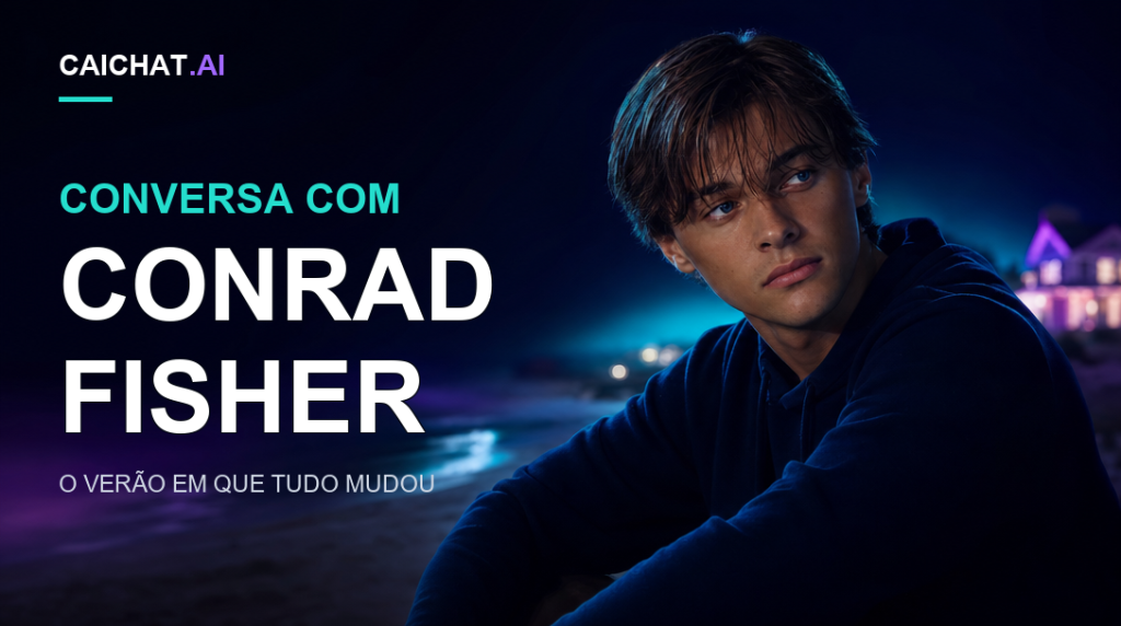 Ilustração de retrato de um homem jovem de cabelo castanho, camisa escura, numa praia à noite com luzes distantes.