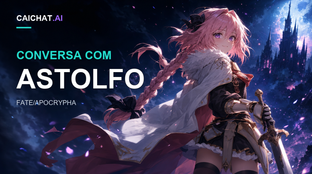 Ilustração de uma personagem de cabelo cor-de-rosa com uma trança, capa com guarnição de pele branca e armadura escura, a segurar uma espada, com um castelo brilhante e um céu azul-púrpura atrás dele.