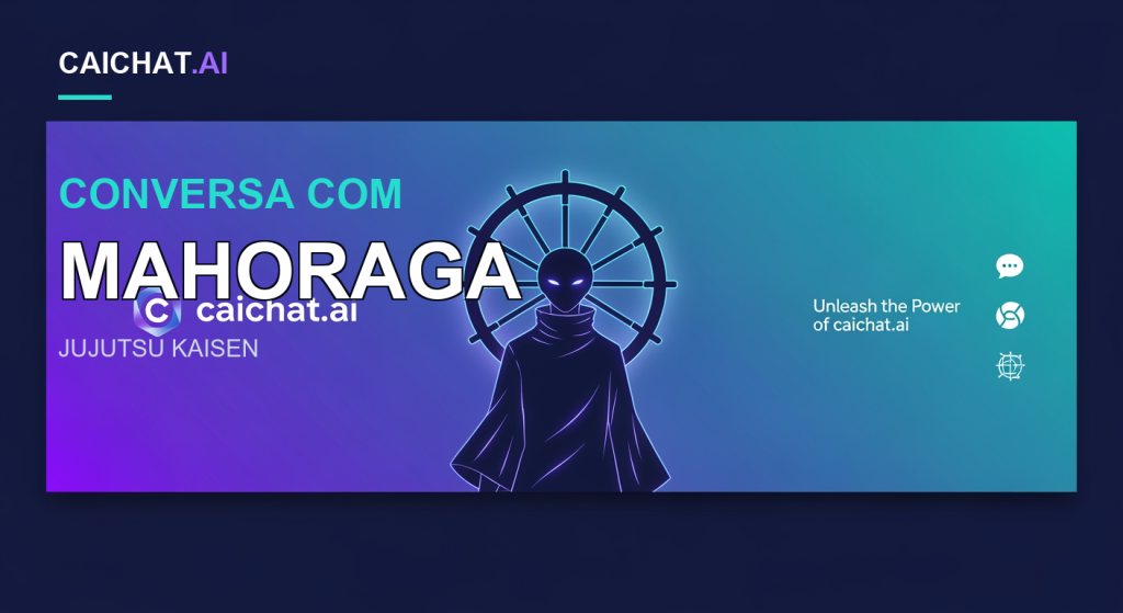 Fundo azul-marinho com uma faixa arredondada em gradiente roxo e verde-azulado; uma silhueta escura com linhas roxas brilhantes, gola alta e capa ampla, e uma roda de navio luminosa como auréola atrás da cabeça; o logótipo caichat.ai à esquerda e ícones de fala, espiral e globo à direita.