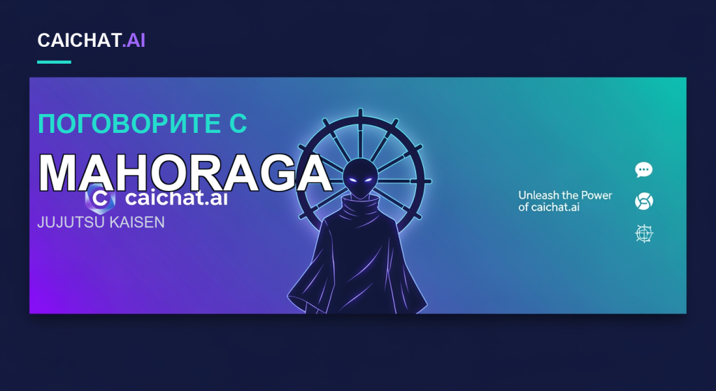 Тёмно-синий фон, фиолетово-бирюзовый баннер, тёмный силуэт в плаще с высоким воротником и светящимися фиолетовыми линиями; за головой — светящееся колесо-гало. Слева логотип caichat.ai, справа белый текст Unleash the Power of caichat.ai и вертикальные иконки.