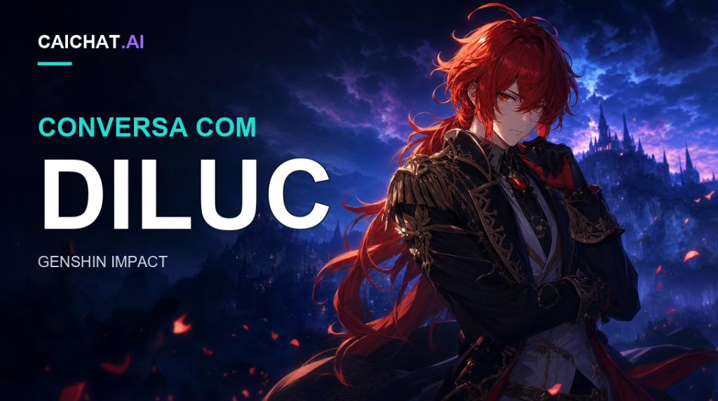 Ilustração de uma personagem de cabelo vermelho com um casaco escuro ornamentado, luvas, uma espada, a silhueta de um castelo e um céu noturno azul-púrpura com brasas laranja.