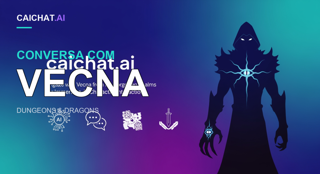 Banner com gradiente de azul para roxo e verde-azulado, o texto caichat.ai e uma silhueta encapuzada de olhos brilhantes com emblema de olho azul no peito, mão com olho na palma e ícones de IA, dados e mapa rasgado.