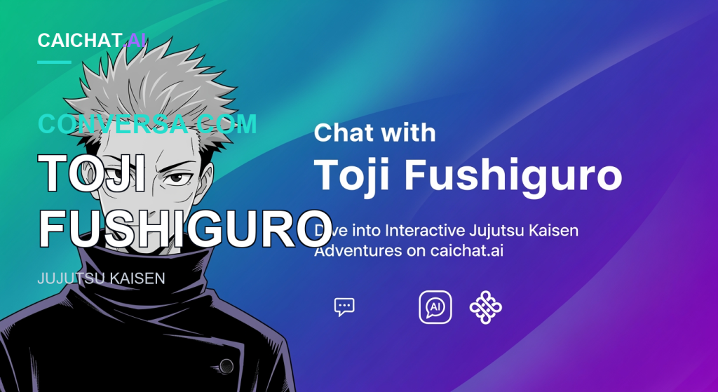 Faixa em gradiente de verde-turquesa a azul-púrpura com um retrato a preto e branco, estilo manga, de um homem de cabelo espetado e cicatriz ao canto da boca, à esquerda; inclui o texto "Chat with Toji Fushiguro", um subtítulo sobre aventuras de Jujutsu Kaisen em caichat.ai e ícones brancos.