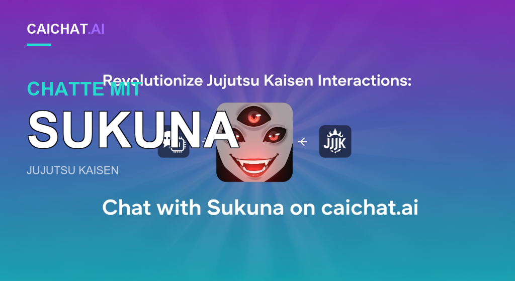 Farbverlauf-Banner in Lila und Türkis mit Lichtstrahlen und weißem Text zu Jujutsu Kaisen und Sukuna auf caichat.ai; dazu ein rundes Symbol mit blassem dreäugigem Gesicht, roten Augen und Zahngrinsen, flankiert von Chat-KI- und Kronen-Abzeichen, verbunden durch kleine Pfeile.