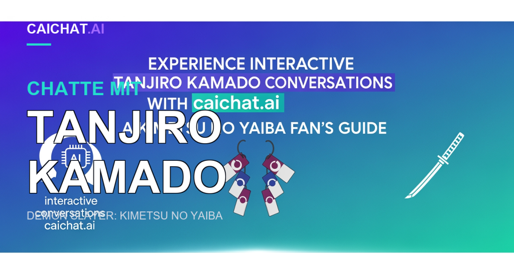 Blau-türkiser Banner auf weißem Rahmen mit weißer Schrift zu interaktiven Tanjiro-Kamado-Gesprächen auf caichat.ai und einer Zeile zum Kimetsu-no-Yaiba-Fanguide. Darunter Hanafuda-Ohrringe mit farbigen Karten, links ein weißes KI-Sprechblasen-Badge, rechts ein Katana als Linienzeichnung.
