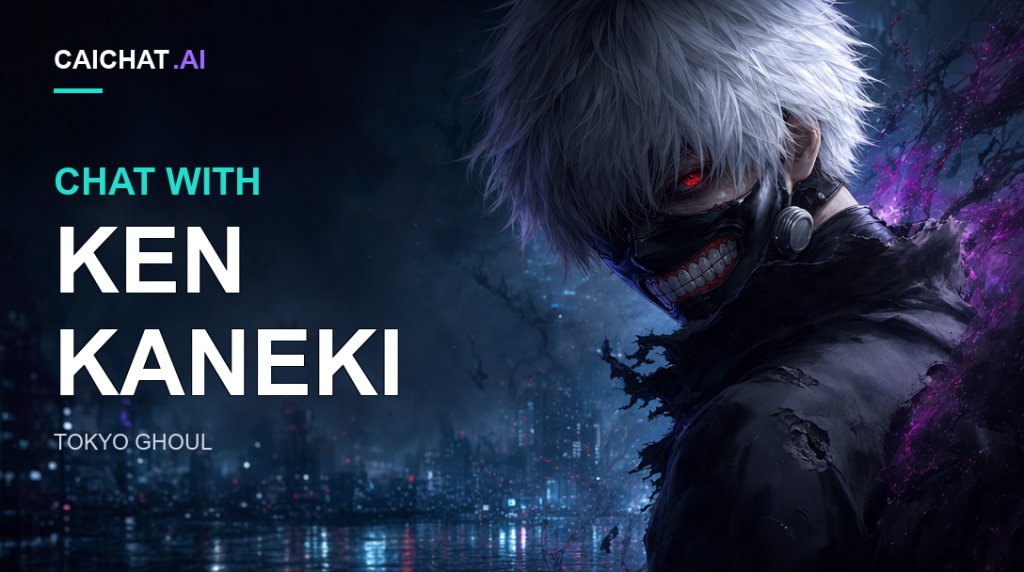 Illustration of a white-haired character with one visible red eye and a black tooth-pattern mask, wearing dark clothes above a night-time city with blue-purple light.