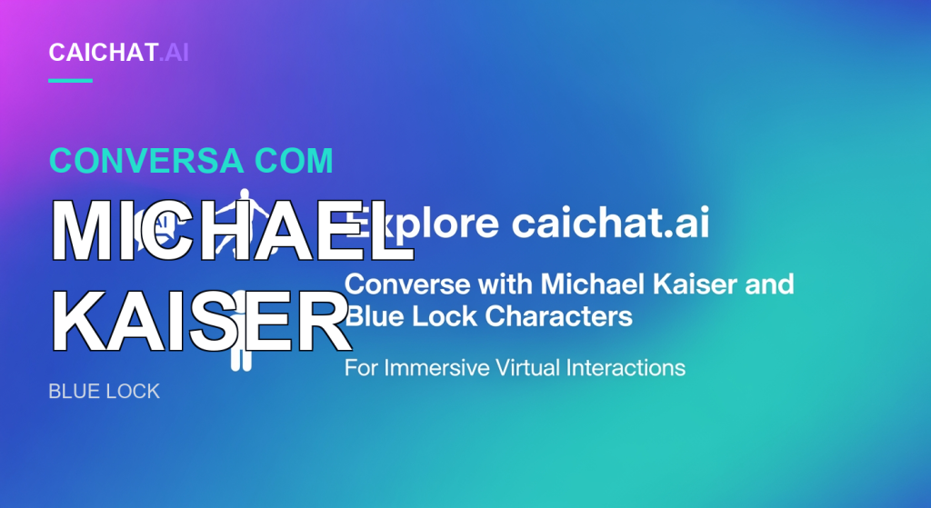 Faixa com gradiente suave de roxo a verde-azulado, com texto branco que convida a explorar caichat.ai e uma legenda sobre conversar com Michael Kaiser e personagens de Blue Lock, além de ícones brancos de chat com chip de IA, futebolista a rematar e figura de pé.