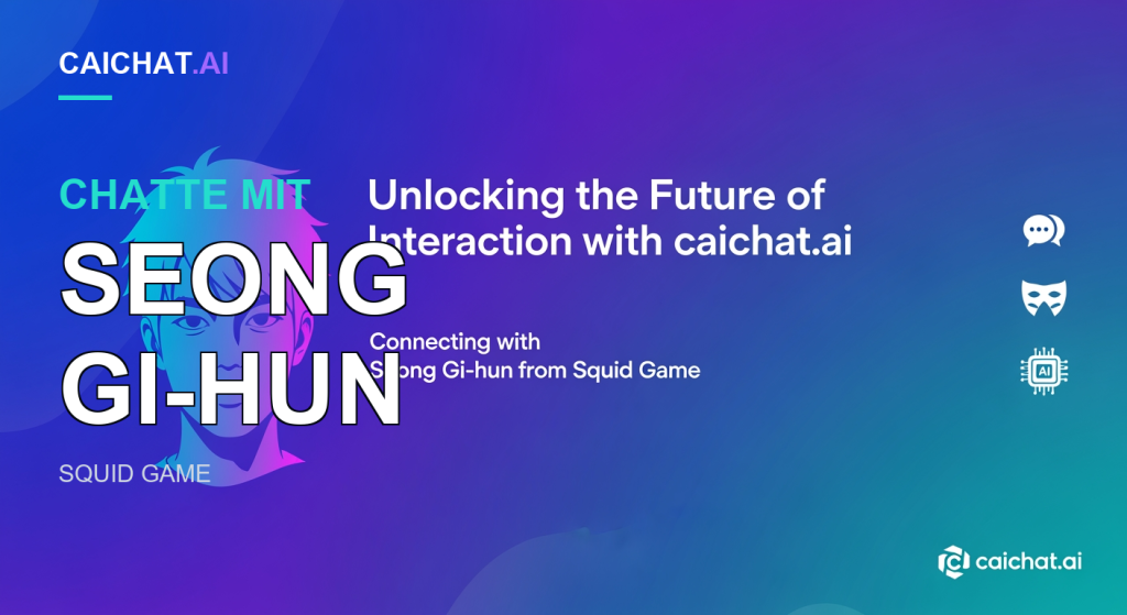 Banner mit Blau-lila-türkisfarbenem Farbverlauf, links ein linienartiges Porträt eines Mannes mit zerzaustem Haar; weißer Schriftzug „Unlocking the Future of Interaction with caichat.ai“, Untertitel zu Seong Gi-hun aus Squid Game sowie mehrere Symbole und das caichat.ai-Logo.