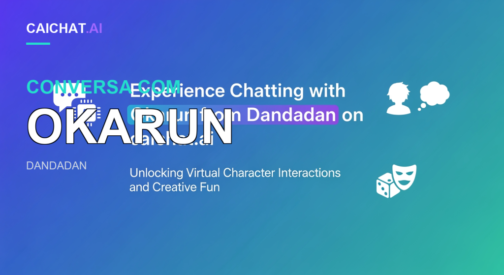 Faixa em gradiente de azul para turquesa com texto promocional sobre conversar com Okarun de Dandadan em caichat.ai, um subtítulo sobre interações com personagens virtuais e ícones brancos de conversa com IA, perfil com nuvem de pensamento e dados com máscara de teatro.