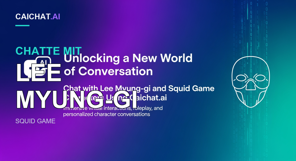 Lila-türkiser Farbverlauf als Banner: weiße Überschrift „Unlocking a New World of Conversation“, Untertitel zum Chatten mit Lee Myung-gi und Squid-Game-Charakteren, links ein weißes Chat-und-KI-Symbol, rechts eine weiße Linienzeichnung einer Wächtermaske mit herabfallenden Binärziffern.