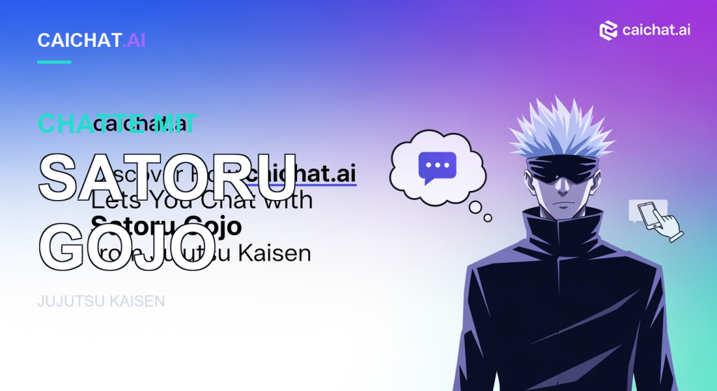 Farbverlaufsbanner von Weiß über Blau zu Violett mit einem Anime-Mann mit stacheligem weißen Haar, schwarzer Augenbinde und dunkler hochgeschlossener Jacke; schwarzer Titel, eine Denkblase mit Sprechblase und ein Hand-mit-Smartphone-Symbol.