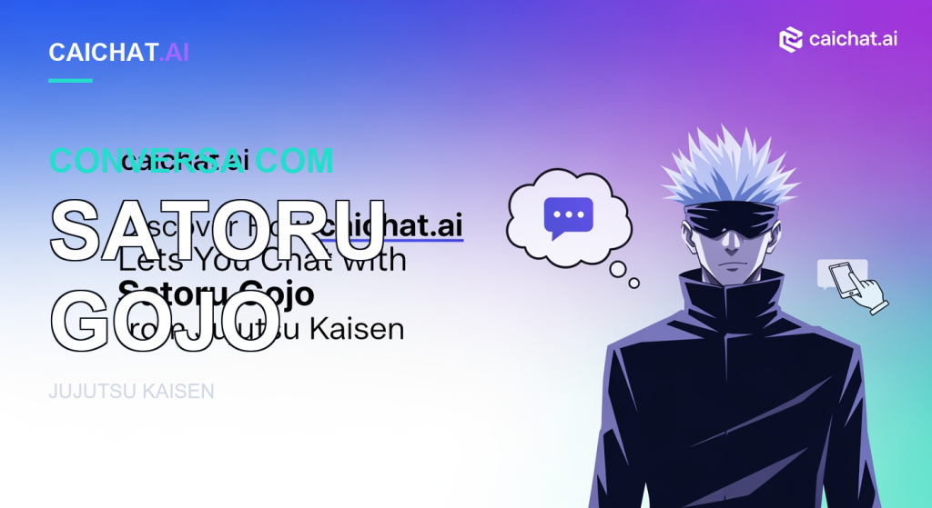 Faixa com gradiente de branco a azul e a roxo, um homem de anime em cores vivas com cabelo branco espetado, venda preta e casaco escuro de gola alta; título preto e ícones de nuvem de pensamento com balão de chat e mão a segurar um telefone.