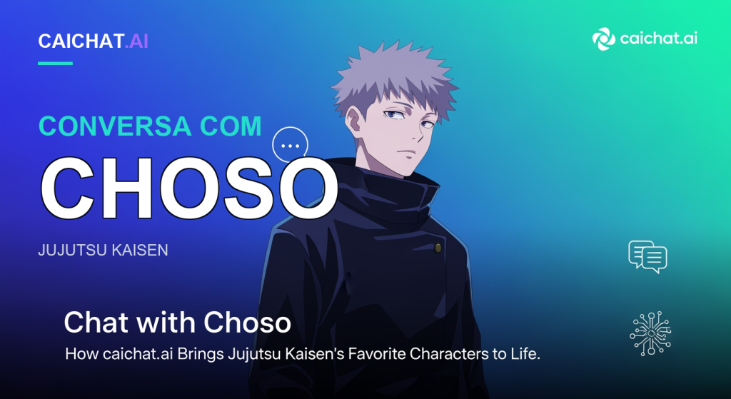 Banner em gradiente azul-turquesa com um homem de anime, cabelo cinzento-lavanda apanhado em dois rolos soltos, olhos roxo-acinzentados e casaco escuro de gola alta; texto branco «Chat with Choso» e subtítulo sobre personagens de Jujutsu Kaisen; logótipo caichat.ai no canto superior direito.