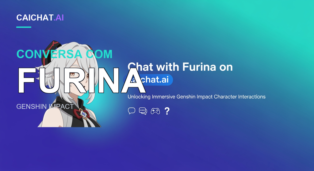 Faixa com gradiente radial azul-turquesa, uma personagem de anime com bob branco e fato azul-escuro com gema de laço vermelha; texto branco «Chat with Furina» num selo caichat.ai, subtítulo sobre Genshin Impact e ícones de fala, comando e pergunta.