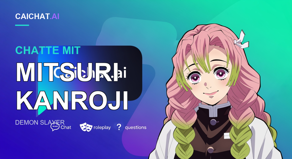 Blau-grüner Banner mit großer dunkler Sprechblase 'Caichat.ai'. Rechts eine Anime-Frau mit langem pink-grün geflochtenem Haar, weißer Schleife, violetten Augen und dunkler Uniform unter weißem Haori. Darunter eine Icon-Reihe für Chat, Rollenspiel-Masken und Fragen.