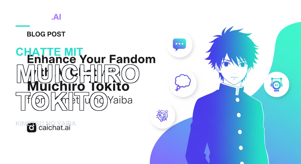 Weißes Panel mit dem Schriftzug BLOG POST und schwarzem Text zu KI-Chats mit Muichiro Tokito aus Kimetsu no Yaiba; rechts ein blau-türkiser Farbverlauf mit einer Anime-Figur in Uniform sowie Symbolen für Chat, Wolke, Atom und Roboter.