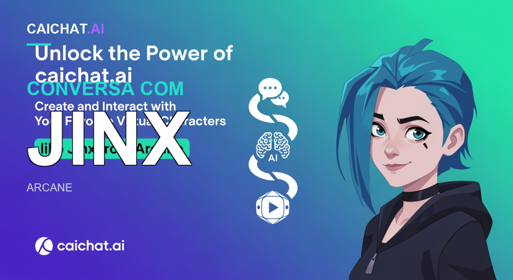 Faixa em gradiente azul-turquesa com uma jovem ilustrada de cabelo azul curto, olhos turquesa e hoodie preto a sorrir; inclui o texto Unlock the Power of caichat.ai, um selo «like Jinx from Arcane» e ícones de balão de fala e dado de 20 faces.