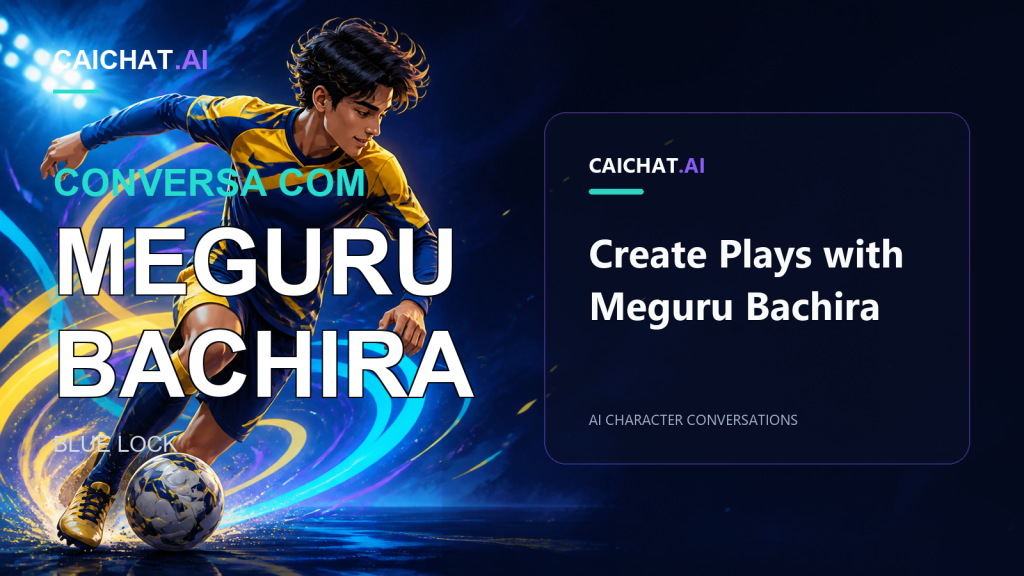 Cena de futebol em azul-escuro: um jogador de anime a cores, de cabelo escuro ao vento e equipamento azul e amarelo, dribla uma bola com padrão entre remoinhos de energia e holofotes de estádio; à direita, um painel escuro com a inscrição CAICHAT.AI.