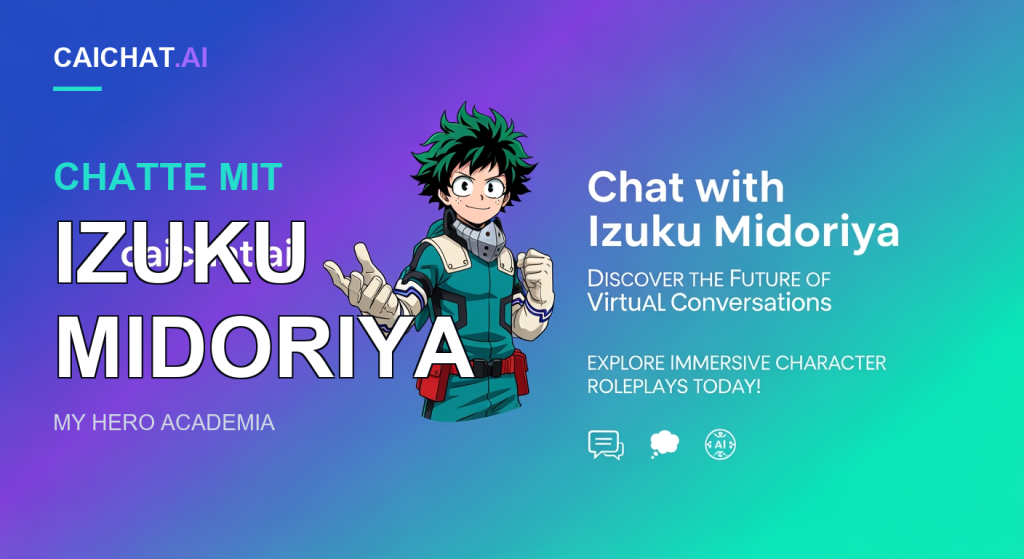 Blau-violetter bis türkisfarbener Verlaufsbanner mit einem farbigen Anime-Jungen mit grünen Locken und Sommersprossen in türkisfarbenem Heldenanzug mit rotem Gürtel; weiße Schrift „Chat with Izuku Midoriya“, Untertitel, Sprechblasen-, Wolken- und KI-Symbole.