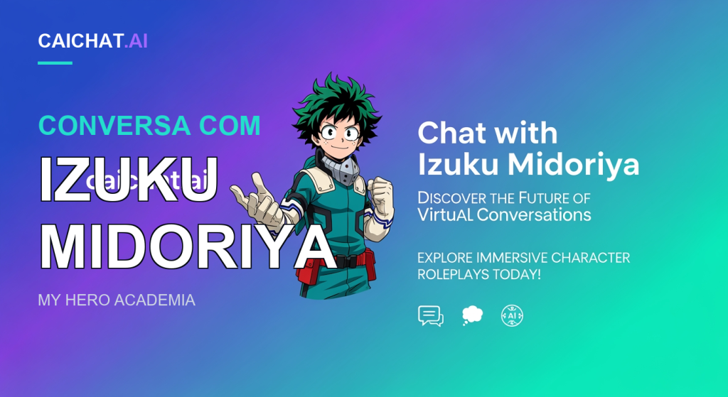 Faixa com gradiente de azul-púrpura a verde-azulado, um rapaz de anime de cabelo verde encaracolado e sardas num fato de herói turquesa com cinto vermelho, texto branco «Chat with Izuku Midoriya» e ícones de conversa, nuvem e cérebro de IA.