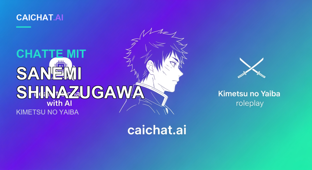 Lila-türkises Gradient-Banner mit weißer Line-Art eines Anime-Mannes im Profil: stachelige Haare, Gesichtsnarben, hochgeschlossene Uniform. Text links: „Realistic chat with AI“, rechts „Kimetsu no Yaiba roleplay“ mit gekreuzten Katanas; darunter caichat.ai.