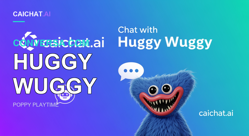 Faixa em gradiente de púrpura a azul-petróleo com um mascote 3D azul e peludo, de olhos arregalados e um largo sorriso vermelho com dentes, no canto inferior direito; texto branco «Chat with Huggy Wuggy» e logótipos do caichat.ai à esquerda e à direita.