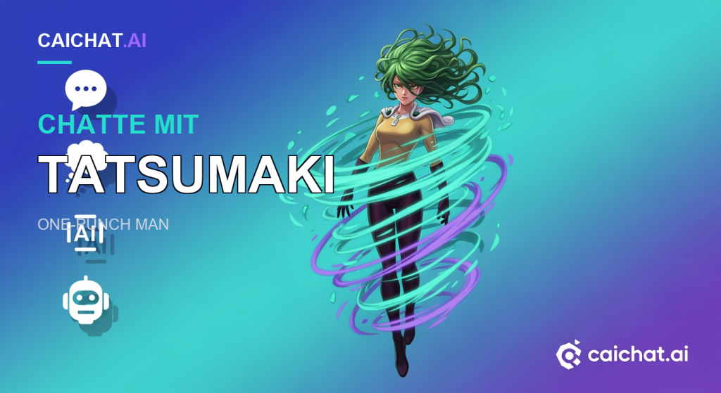 Banner mit blau-türkisem Farbverlauf: In der Mitte schwebt eine Anime-Frau mit grünen Locken, gelbem Kleid und schwarzer Strumpfhose, umgeben von türkis-violetten Wirbeln; links weiße Chat-, Cloud-, KI- und Roboter-Symbole, unten rechts das caichat.ai-Logo.